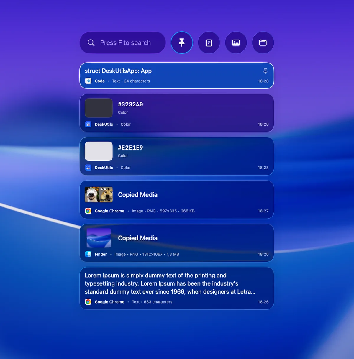Pin a snippet or asset so it stays on top, then narrow the list to just the type you need.