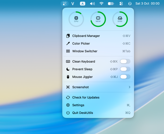 DeskUtils menu bar tools shown on a Mac