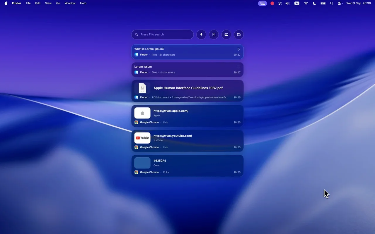検索、ピン留め、種類別フィルターに対応した DeskUtils のクリップボード履歴。